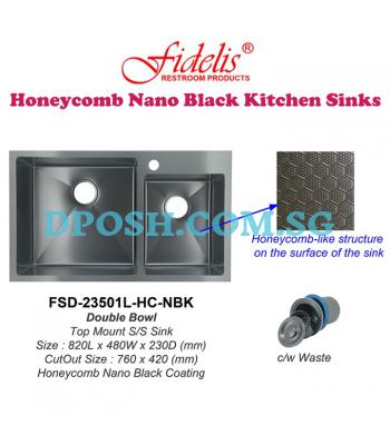 Fidelis-FSD-23501L-HC-NBK ( Honeycomb Nano Black ) Stainless Steel Top mount Kitchen Sink